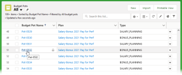 Screenshot showing the budget pots list view with a budget pot selected